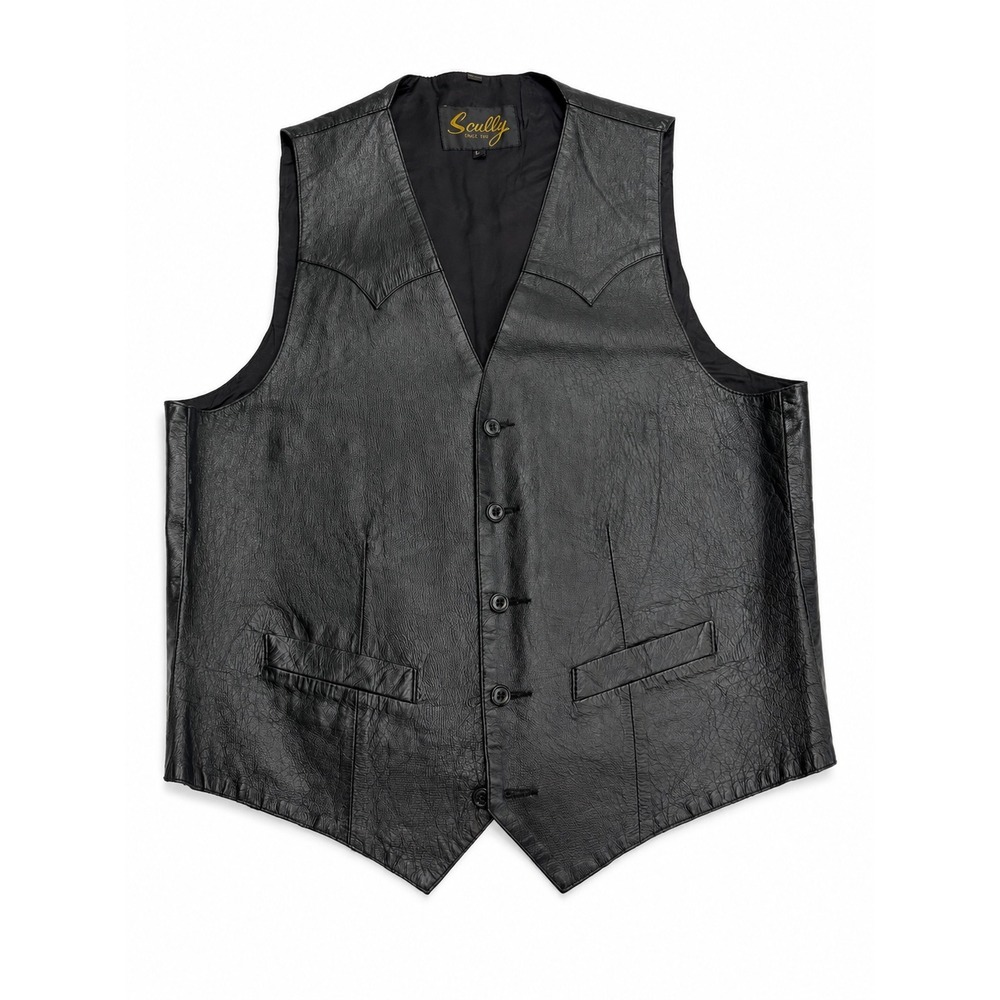 Scully Mens Black Leather Western Cowboy Vest Size 42 Pointed Yoke Button Front